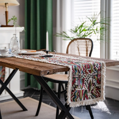 Boheems Katoen Linnen Tafelloper Met Kwastjes Geometrische Patronen Voor Eetkamer Woonkamer Huisfeest Decoratie