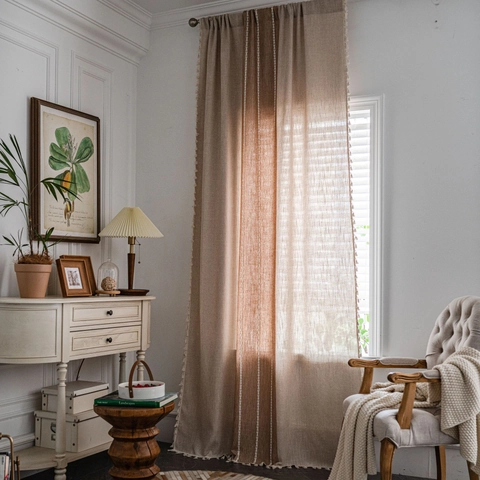 American Farmhouse Cotton Embroidered Curtain With Tassels Semi Shading Striped Door Window Curtains For Bedroom Living Room