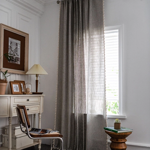 American Farmhouse Cotton Embroidered Curtain With Tassels Semi Shading Striped Door Window Curtains For Bedroom Living Room
