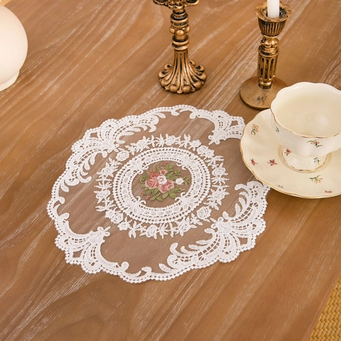 French Retro European Style Lace Table Mat Rose Floral Embroidery White Mesh Place Mat For Dining Room Decoration