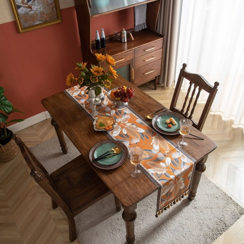 Camino de Mesa Jacquard Con Borlas Estilo Americano Decoración Floral Botánica para Mesa de Comedor Hogar