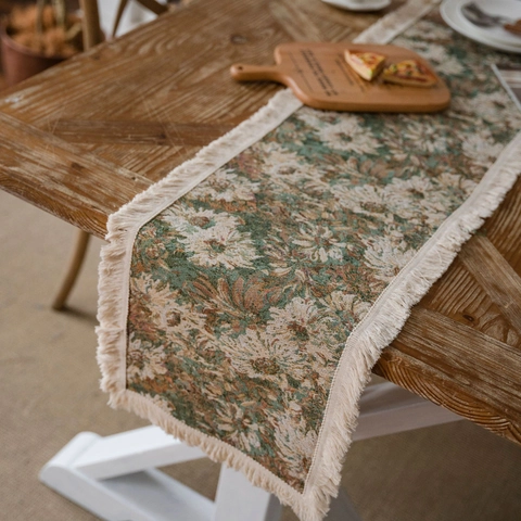 Amerikaans Retro Jacquard Bloemen Tafelloper Met Kwastjes Katoenmix Decoratieve Tafelloper Voor Eetkamer Feest Huis Decoratie
