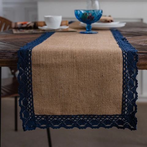 Natural Jute Burlap Table Runner With Navy Blue Lace Pom-Pom Tassel Edge Rustic Farmhouse Dining Table Decoration For Wedding Party Home Decor