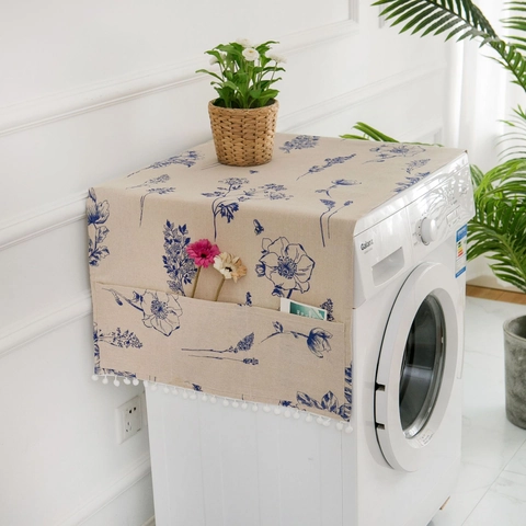 Cotton Blend Appliance Dust Cover For Washer Refrigerator With Storage Pockets Pom Pom Trim Printed Floral Geometric Top Protector Home Decor