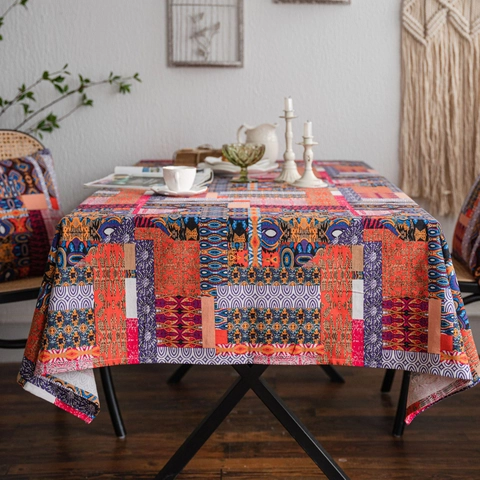 Mantel de Algodón Estampado de Retazos Étnicos Bohemios Cubierta de Mesa Rectangular de Mandala Vintage para Decoración de Cocina de Hogar