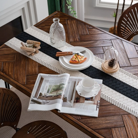 Chemin de Table en Jute et Coton Boho Style Vintage Américain Rayures Gland Décoration de Table Salle à Manger Textile