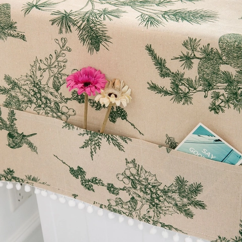 Pastoral Style Washing Machine Dust Cover With Side Storage Pockets Pom Pom Trim Polyester Cotton Refrigerator Cover Cloth