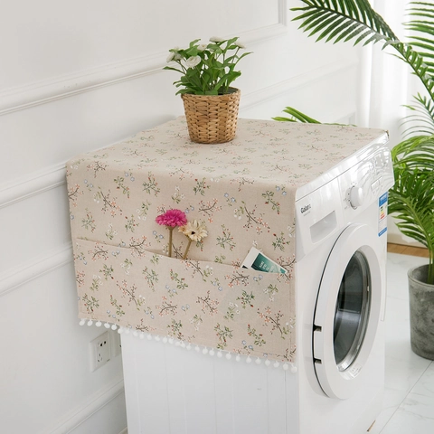 Pastoral Floral Polyester Cotton Blend Dust Cover With Side Pockets Pom Pom Trim For Washing Machine Refrigerator Cover