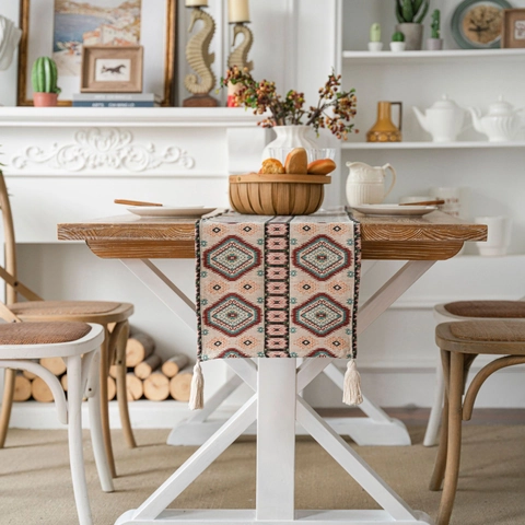 Bohemian Tafelloper met Kwastjes Amerikaans Retro Jacquard Geometrisch Bloemenpatroon Geweven Polyester Katoen Tafelkleed Decor