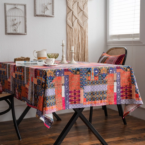 Mantel de Algodón Estampado de Retazos Étnicos Bohemios Cubierta de Mesa Rectangular de Mandala Vintage para Decoración de Cocina de Hogar
