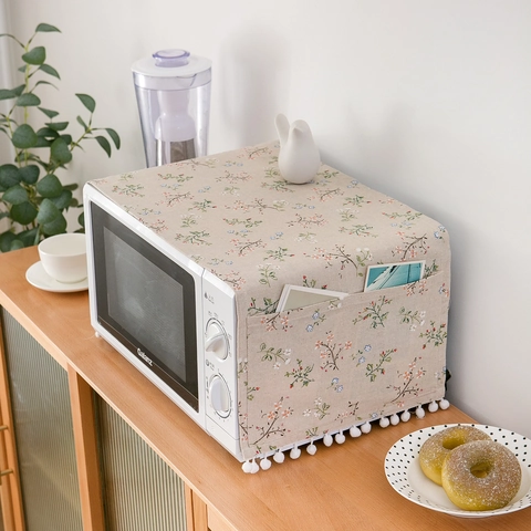 Pastoral Floral Microwave Oven Dust Cover Polyester Cotton Cloth With Side Storage Pockets Tassel Pom Poms Appliance Protector