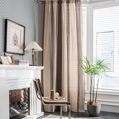 American Style Cotton Linen Striped Curtains Yarn Dyed Semi Shading Kitchen Cafe Curtains For Dining Room Home Decor