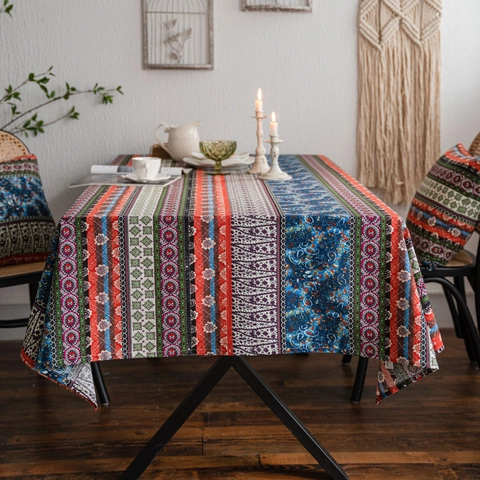 Boheems Etnisch Katoen Tafelkleed Rechthoekig Veelkleurig Gestreept Bedrukt Tafelkleed Voor Eetkamer Keuken Thuis Decoratie