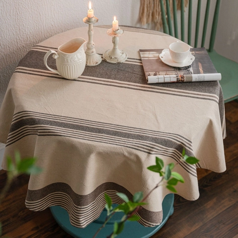 Nappe Ronde en Coton à Rayures Rétro Américain pour Table à Manger Nordique Minimaliste Teinte en Fil Anti-poussière Décorative