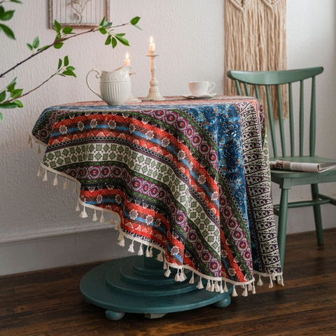 Bohemian Ethnic Striped Printed Round Tablecloth Cotton Linen Blend With Tassels For Living Room Kitchen Home Decor