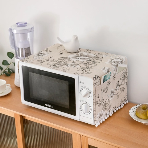 Copertura antipolvere per microonde in misto cotone stile nordico con tasche laterali Frange con pompon Protezione per forno con stampa floreale
