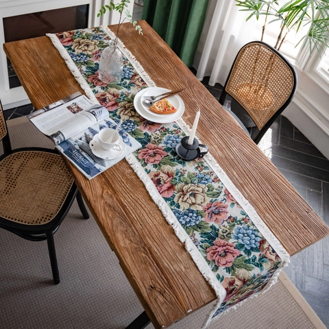 Camino de Mesa Jacquard Floral Vintage Americano Con Borlas Mezcla Algodón Poliéster Grueso Para Decoración De Fiesta