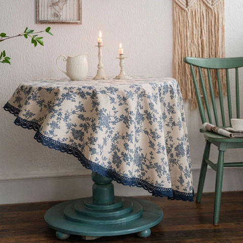Nappe Ronde Style Vintage Français Mélange de Coton et Lin Motif Floral Rose Bleue Avec Bordure en Dentelle Pour Cuisine Maison