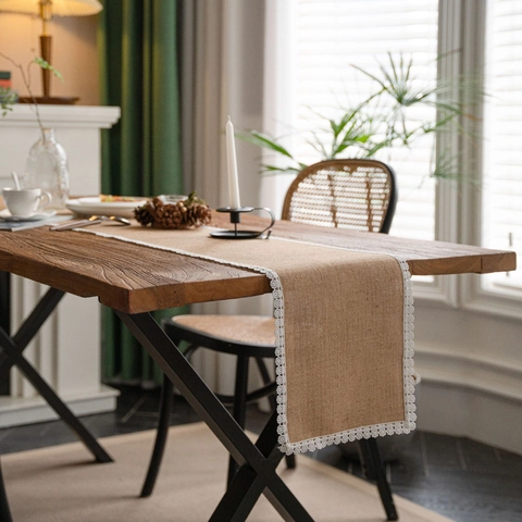 Natural Burlap Jute Table Runner With Lace Trim Rustic Vintage Wedding Party Table Decor Elegant Farmhouse Style Placemat For Home Dining Kitchen
