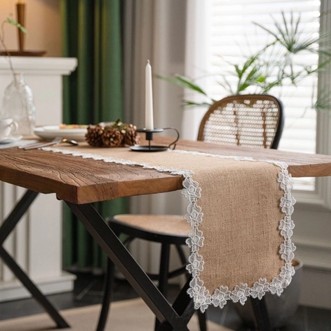 Rustic Jute Table Runner with White Lace Floral Trim American Vintage Burlap Tablecloth for Wedding Party Dining Table Decor