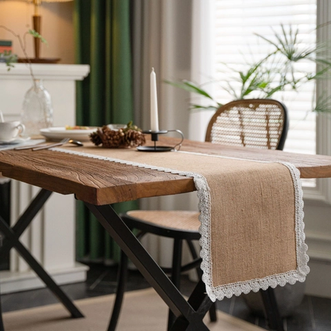 Rustic Jute Table Runner With Lace Trim Burlap Tablecloth For Wedding Party Farmhouse Dining Table Decoration Home Decor