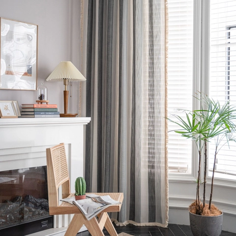 American Country Style Striped Cotton Curtain With White Tassels Semi-blackout Window Treatment For Living Room Kitchen Decor