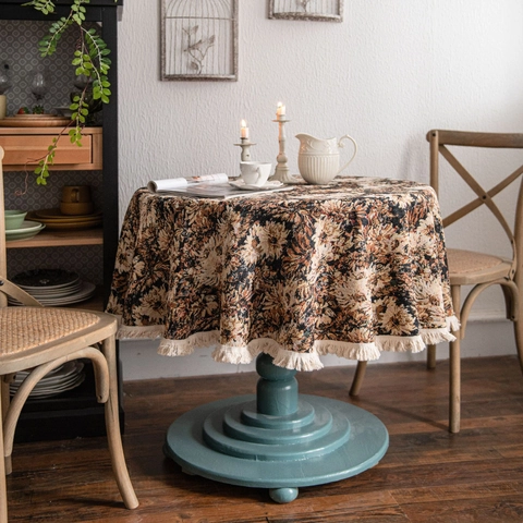 American Vintage Jacquard Floral Round Tablecloth With Tassels Cotton Oil Painting Style Table Cover For Home Decor