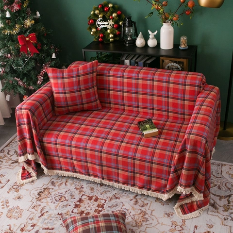 Copridivano Scozzese di Natale in Poliestere Cotone Coperta Tartan Con Nappe Bianche Vintage Nordico Decorazione Casa per Feste