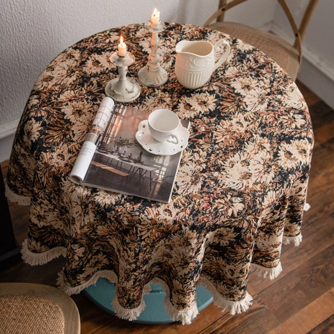 American Vintage Jacquard Floral Round Tablecloth With Tassels Cotton Oil Painting Style Table Cover For Home Decor