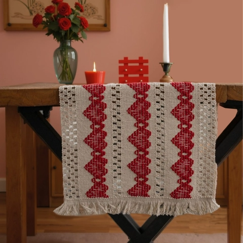 Rustic Cotton Linen Table Runner With Tassel Woven Geometric Heart Pattern Runner For Wedding Dining Room Home Table Decoration