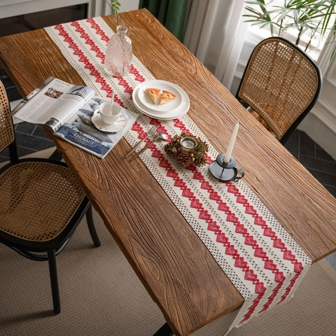 Rustic Cotton Linen Table Runner With Tassel Woven Geometric Heart Pattern Runner For Wedding Dining Room Home Table Decoration