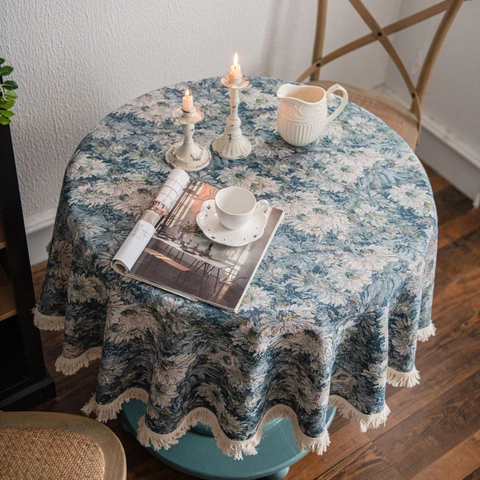 Mantel Redondo de Algodón Americano con Patrón Floral de Jacquard y Borlas Blancas Estilo Pintura al Óleo Vintage