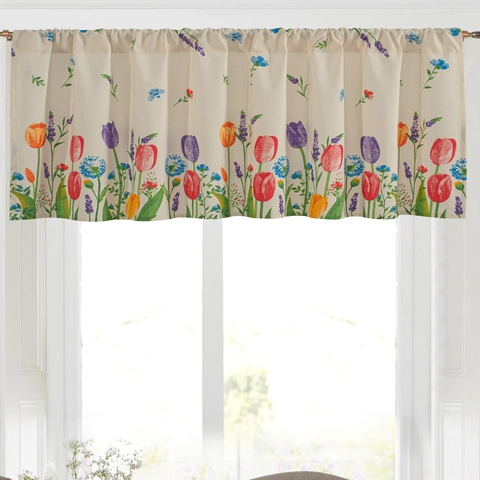 Rideau de Café à Imprimé Floral Tulipe Style Pastoral Américain Rideau en Coton et Lin avec Poche à Tringle pour Cuisine