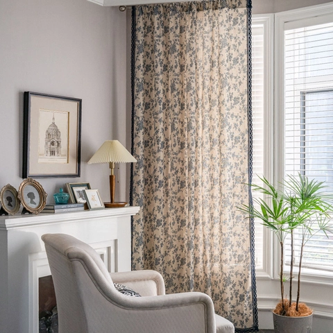 American Style Rose Printed Cotton Linen Curtains With Blue Lace Border Semi Shading Floral Window Drapes For Kitchen Bedroom