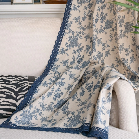 American Style Rose Printed Cotton Linen Curtains With Blue Lace Border Semi Shading Floral Window Drapes For Kitchen Bedroom