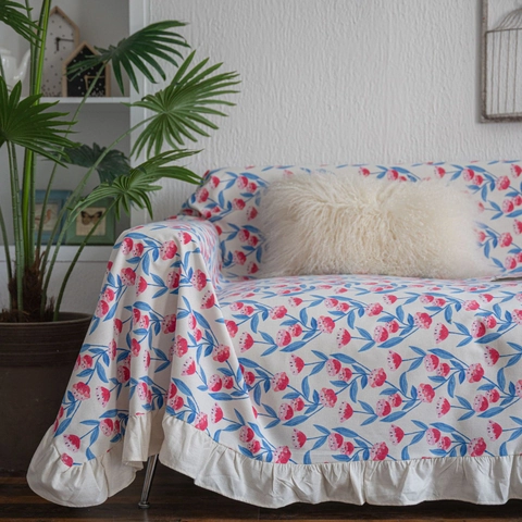 Funda de Sofá de Flores en Mezcla de Algodón con Borde de Volantes Protector de Muebles Decorativo para Sala de Estar Manta