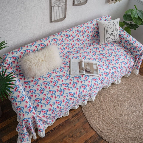 Funda de Sofá de Flores en Mezcla de Algodón con Borde de Volantes Protector de Muebles Decorativo para Sala de Estar Manta