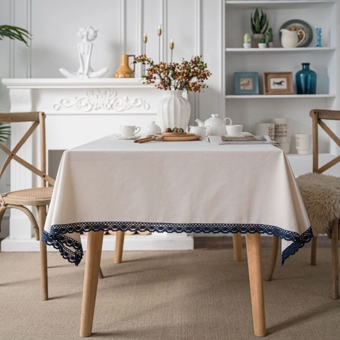Pastorale Baumwollmischung Tischdecke Mit Dunkelblauer Spitzenkante Elegante Einfarbige Weiße Bedruckte Tischabdeckung