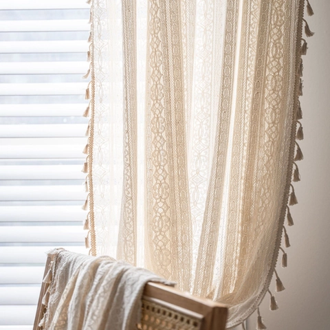 Vintage Campagne Américaine Beige Crochet Coton Rideau de Porte Creux Floral Gland Dentelle Rideau Pour Salon Chambre Décor