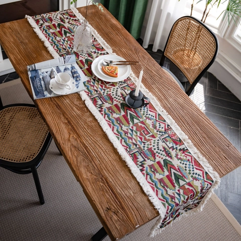 Boheems Katoen Linnen Tafelloper Met Kwastjes Geometrische Patronen Voor Eetkamer Woonkamer Huisfeest Decoratie