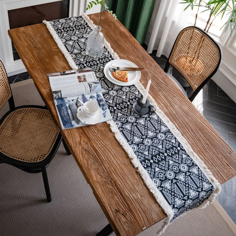 Boheems Geometrisch Katoen Linnen Tafelloper Met Kwastjes Jacquard Bloemenpatroon Voor Eettafel Huwelijk Feest Huis Decoratie