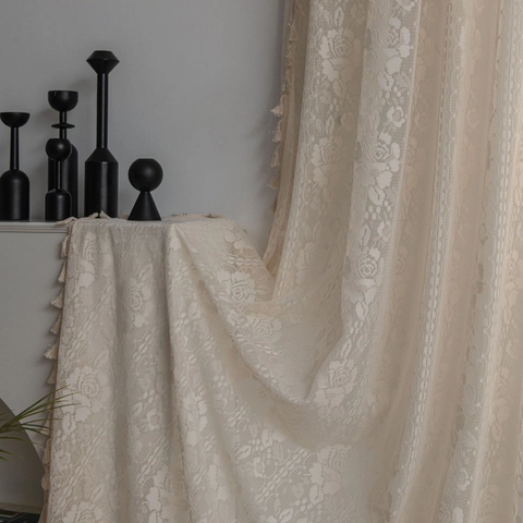 Rideau en Dentelle au Crochet Rose Vintage Français Avec Glands Translucide Ajouré Pour Salon Chambre Décoration Maison