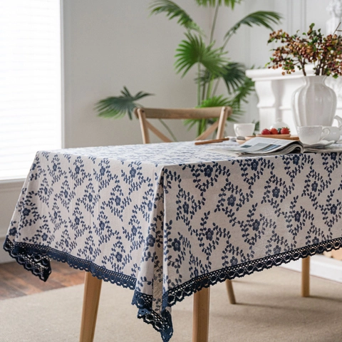 Tovaglia in Misto Cotone Lino a Fiori Pastorale Con Bordo in Pizzo Blu Marino Copritavolo Rettangolare Rotondo per Decorazione