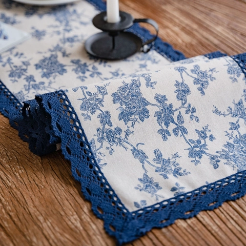 French Country Style Polyester Cotton Table Runner With Blue Rose Floral Print Navy Lace Edge Decorative Tablecloth