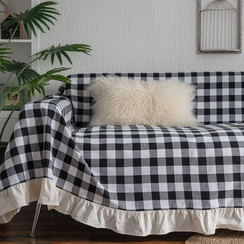 Copridivano Pastorale Gingham a Quadretti Con Bordo con Volants in Misto Poliestere Cotone Decorativo Protezione Mobili