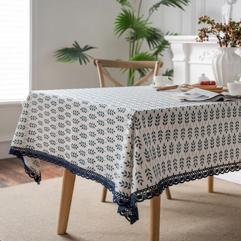 Rural Cotton Linen Tablecloth With Lace Trim Vintage Floral Leaf Wheat Ear Print Rectangular Round Table Cover For Home Kitchen Decor