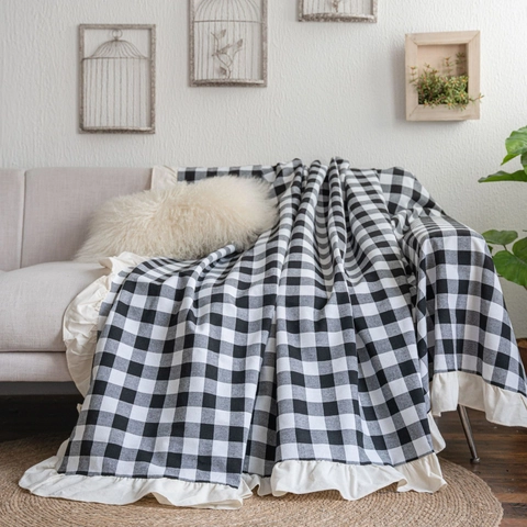 Copridivano Pastorale Gingham a Quadretti Con Bordo con Volants in Misto Poliestere Cotone Decorativo Protezione Mobili