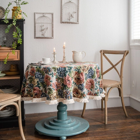 Amerikaanse Vintage Ronde Tafelkleed Bloemen Jacquard Katoenmix Tafelkleed Met Witte Kwastjes Voor Keuken Eetkamer Woondecoratie