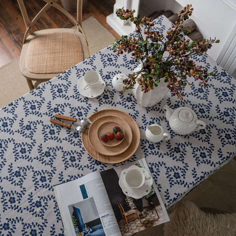 Tovaglia in Misto Cotone Lino a Fiori Pastorale Con Bordo in Pizzo Blu Marino Copritavolo Rettangolare Rotondo per Decorazione