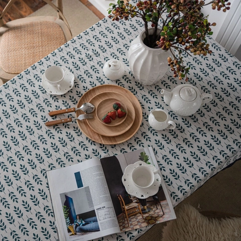 Rural Cotton Linen Tablecloth With Lace Trim Vintage Floral Leaf Wheat Ear Print Rectangular Round Table Cover For Home Kitchen Decor